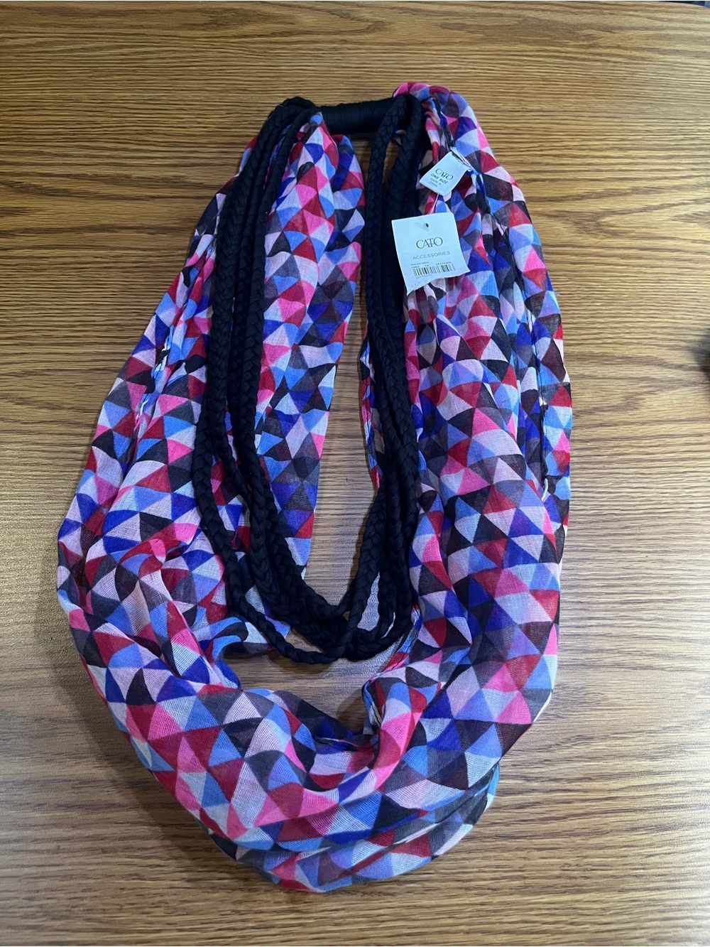 Cato Pink Purple Blue Geometric Infinity Scarf with Black Braided Detail